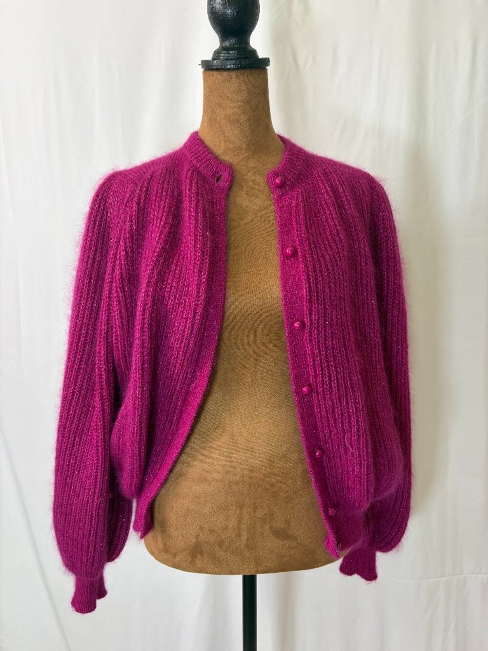 Vintage Anna de Angelis Mohair Silk Cardigan Magenta Balloon Sleeve Italy 42